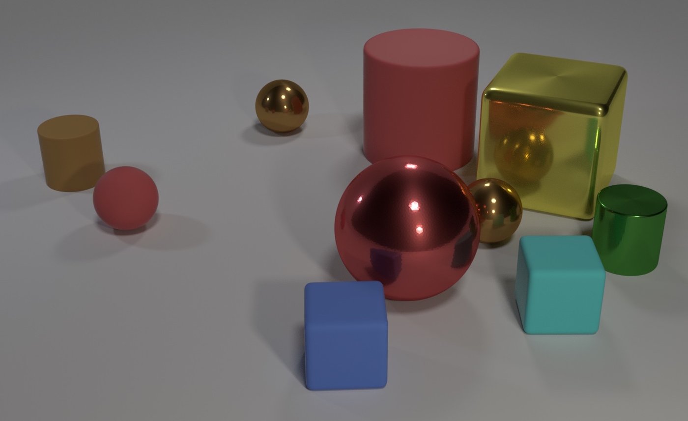 A CLEVR scene: programmatically generated 3D environments provide structured visual reasoning tasks with known ground-truth scene graphs.